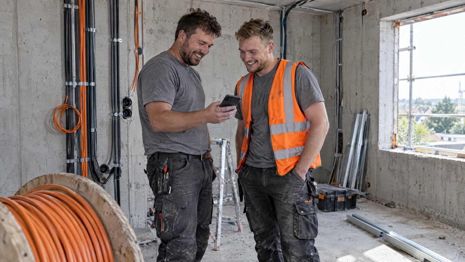 Zwei Elektriker auf der Baustelle schauen lachend aufs Handy
