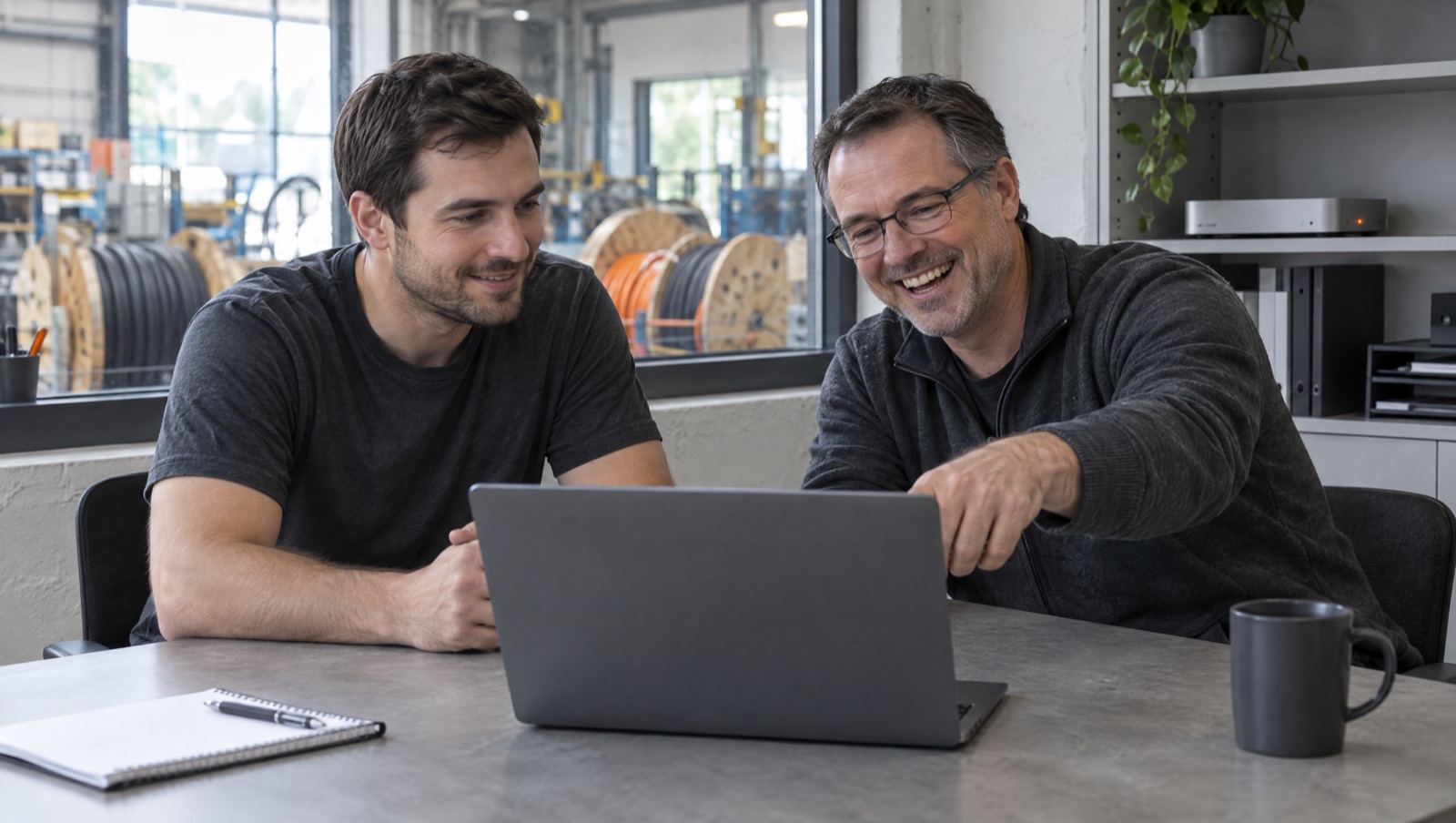 Ein Noro-Techniker und ein Elektromeister schauen gemeinsam auf einen Laptop