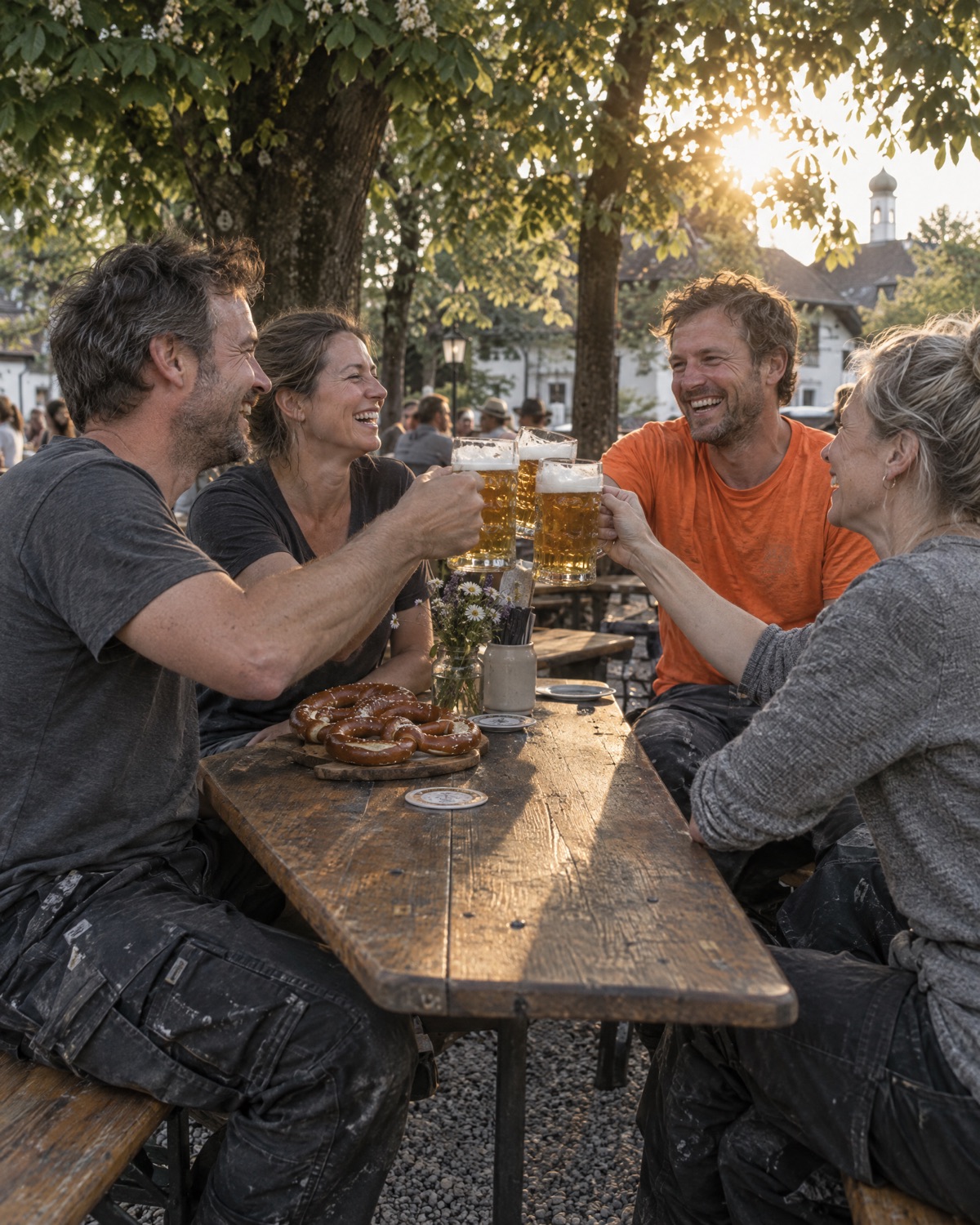 Vier Freunde stoßen im Biergarten mit Bier an und lachen