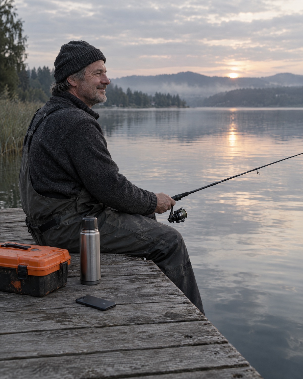 Ein Handwerker angelt am Abend auf einem Steg am See
